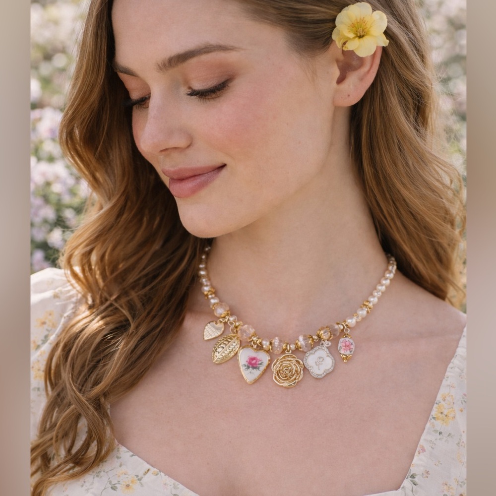 Charm Necklace Gold  Heart Locket Pearl Floral Spring Victorian Statement Piece